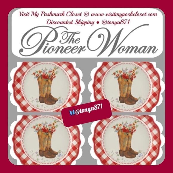🦋 New Pioneer Woman Cowgirl Boots Appetizers 7"d Red Gingham Plates - Set of 4 - Picture 1 of 6